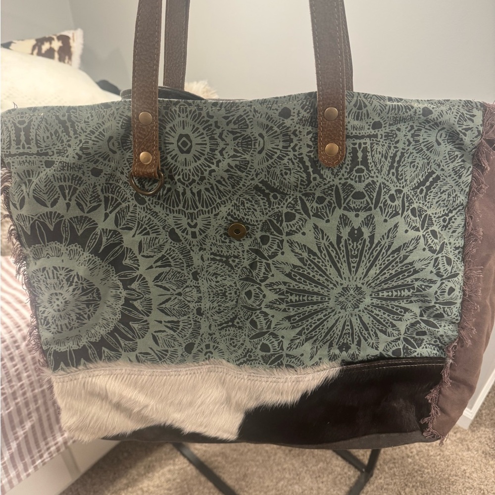 Myra Bag Green and Brown Patterned Tote